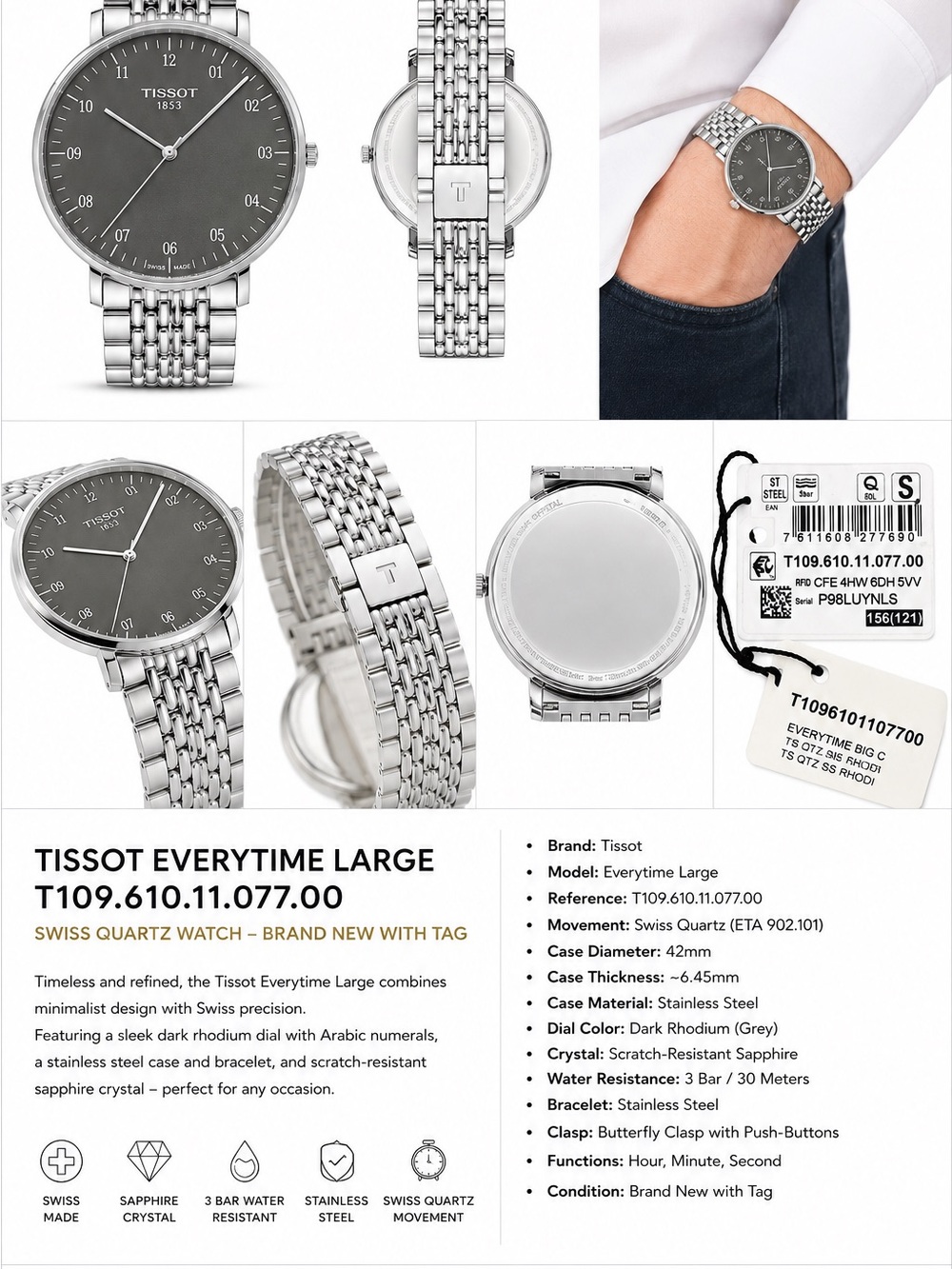 Tissot Everytime Large Men's Stainless Steel Watch — Dark Rhodium